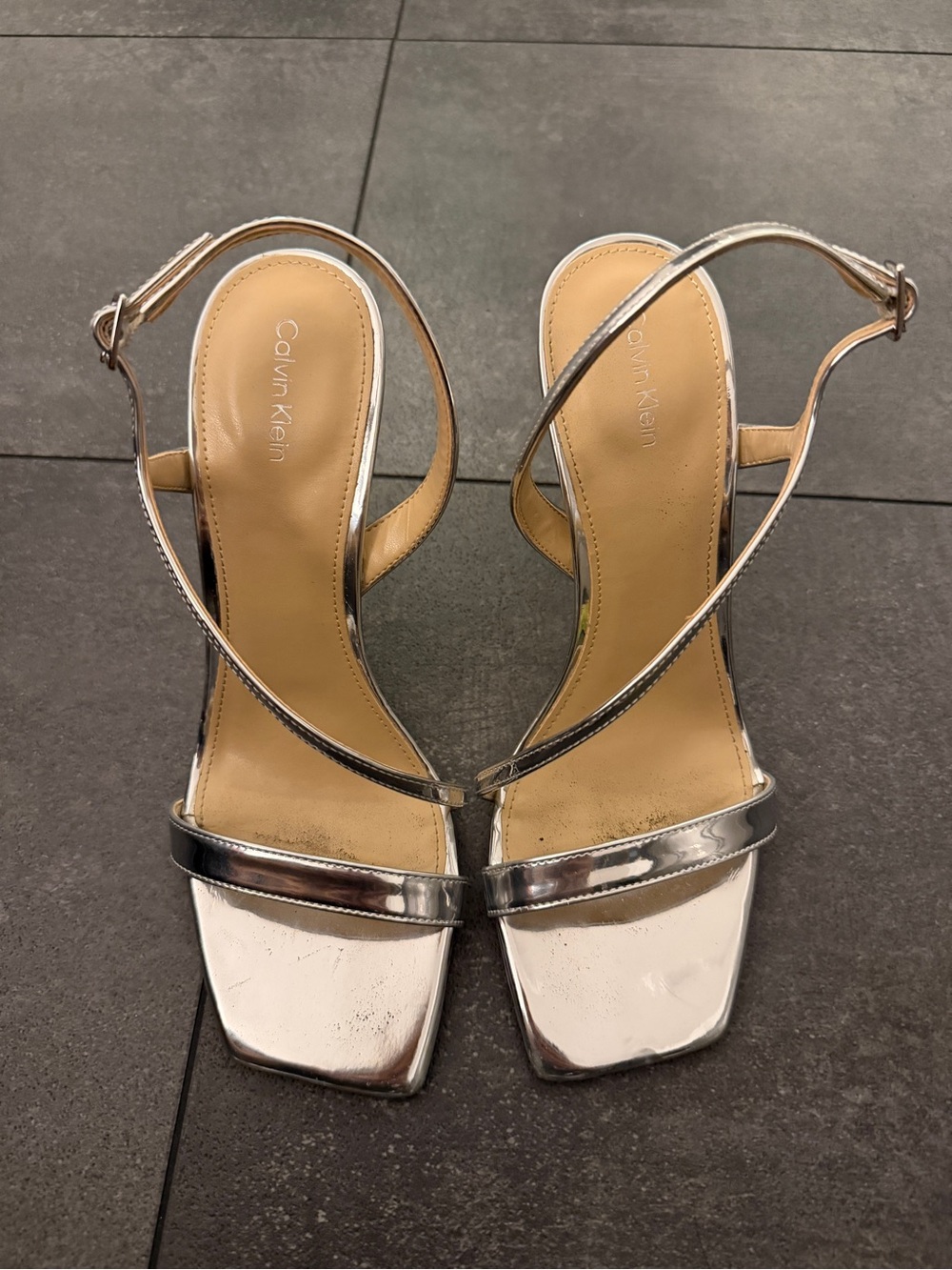 Calvin Klein Metallic Silver Square-Toe Slingback Heels